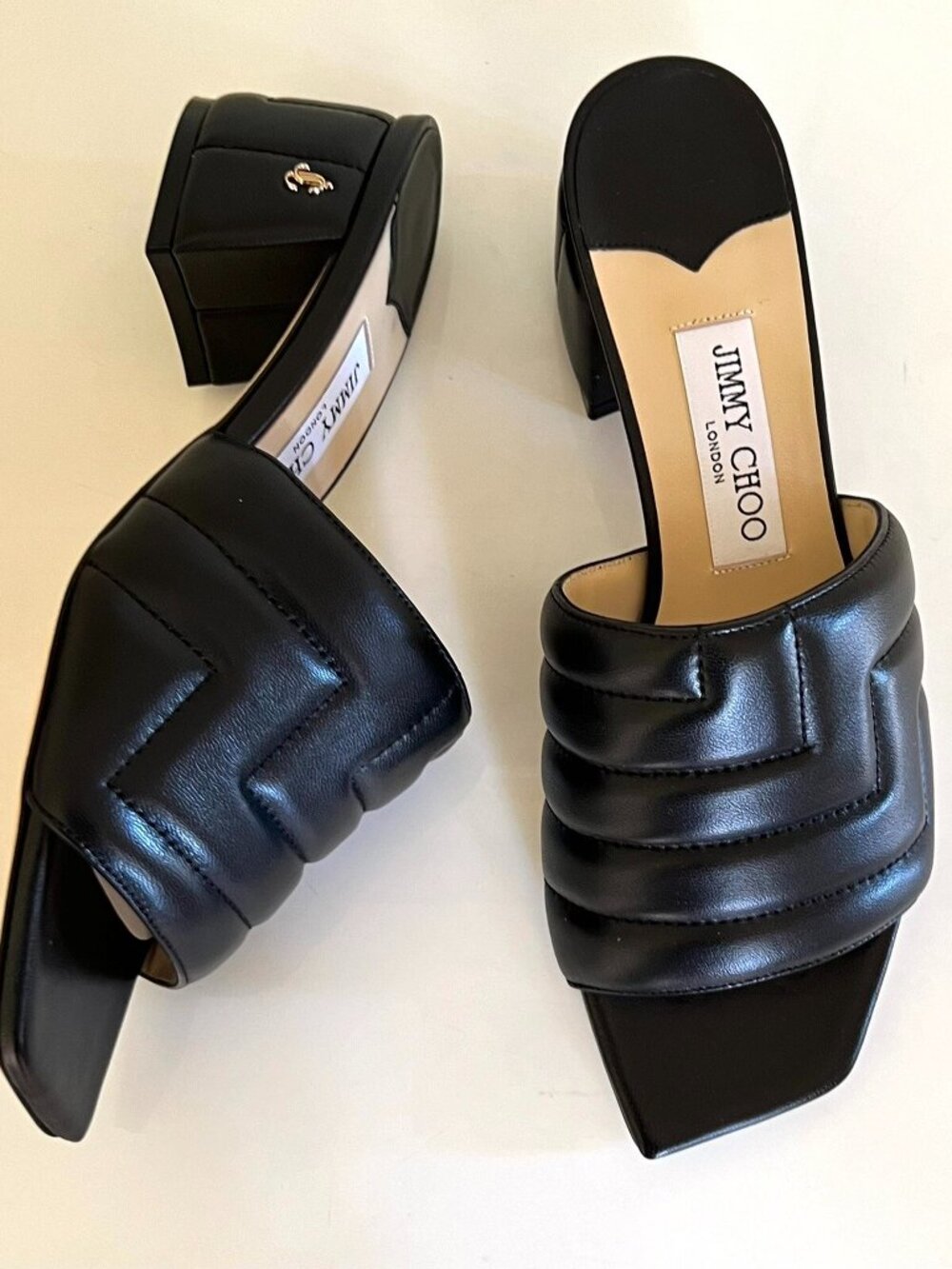 Jimmy Choo black Themis quilted nappa leather block heel slides